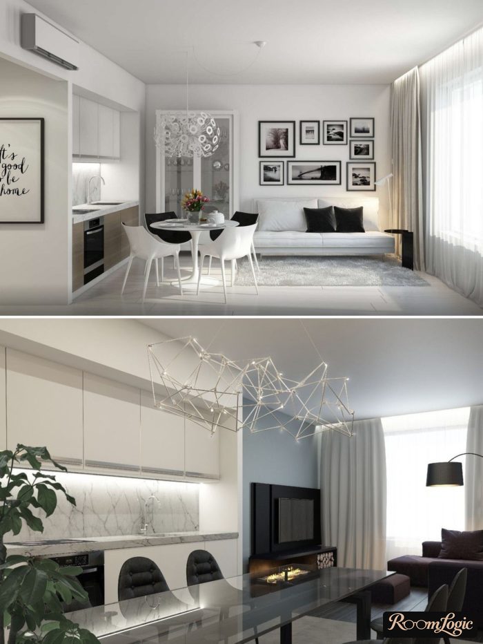 modern design small kitchen-living room with dining area