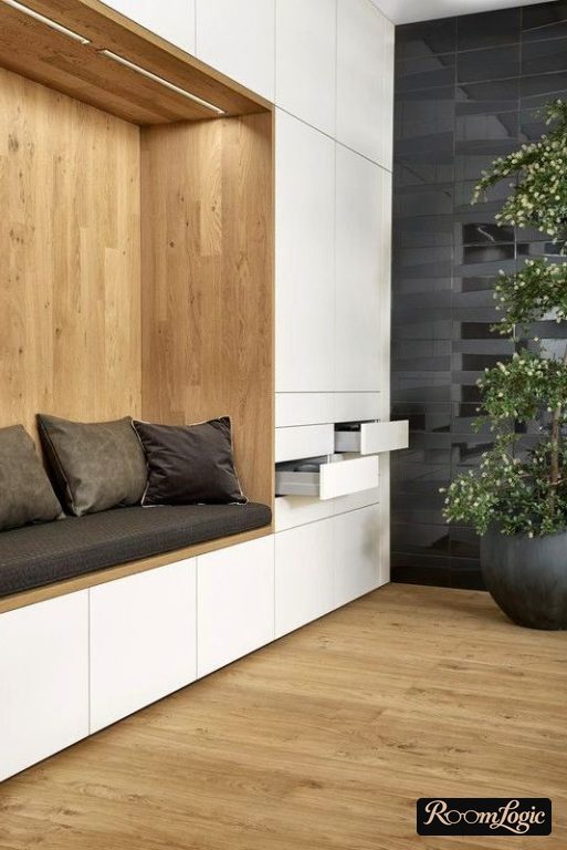 modern entryway in hallway - white color and light wood