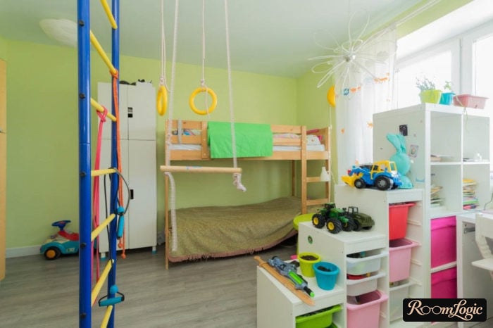 modern kids' room with white furniture