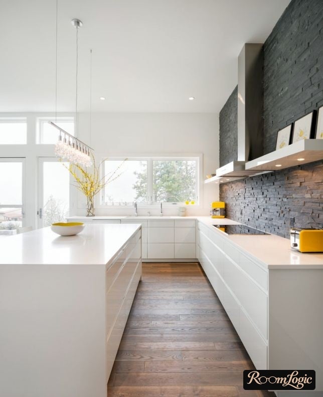 modern kitchen design in a home without overhead drawers