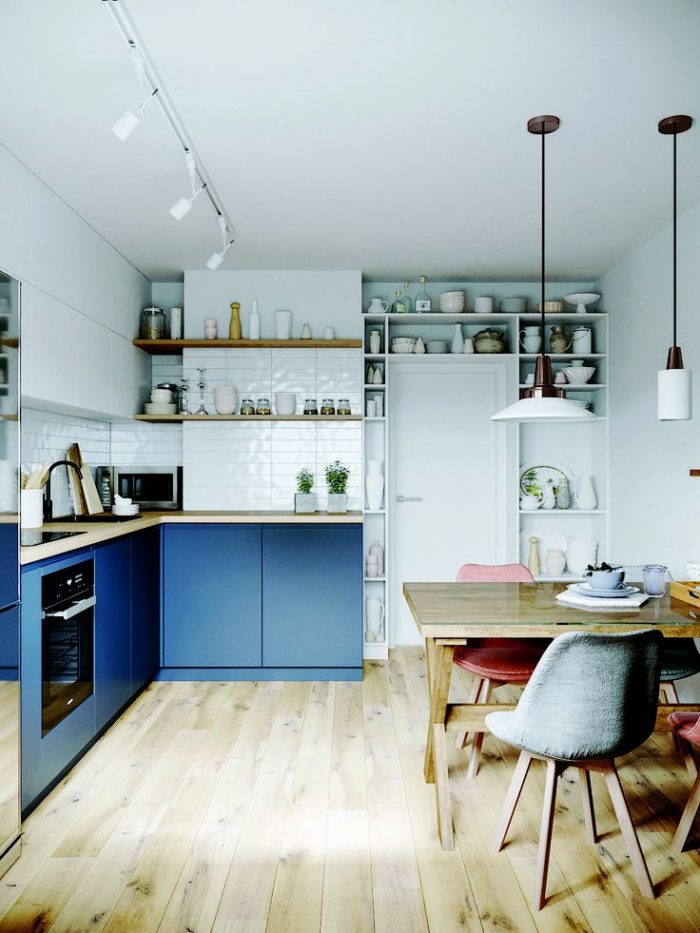 modern kitchen design in scandi style and blue color