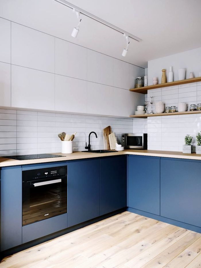 modern kitchen design on two sides with white and blue