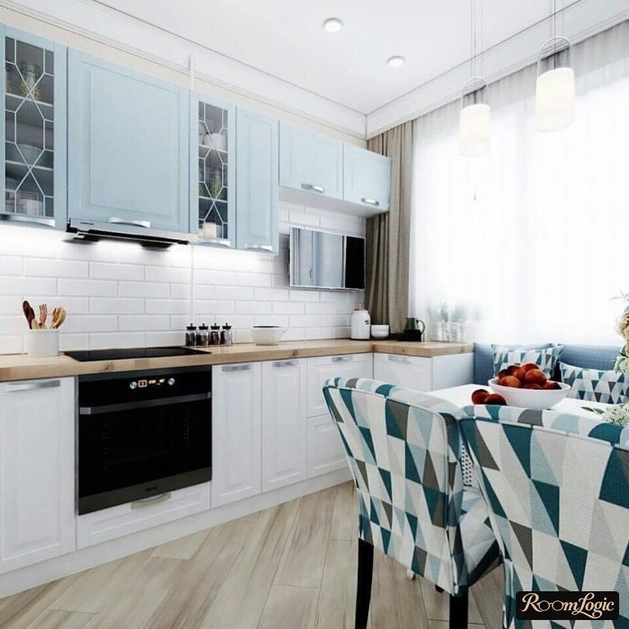modern kitchen design with balcony and curtains on one side