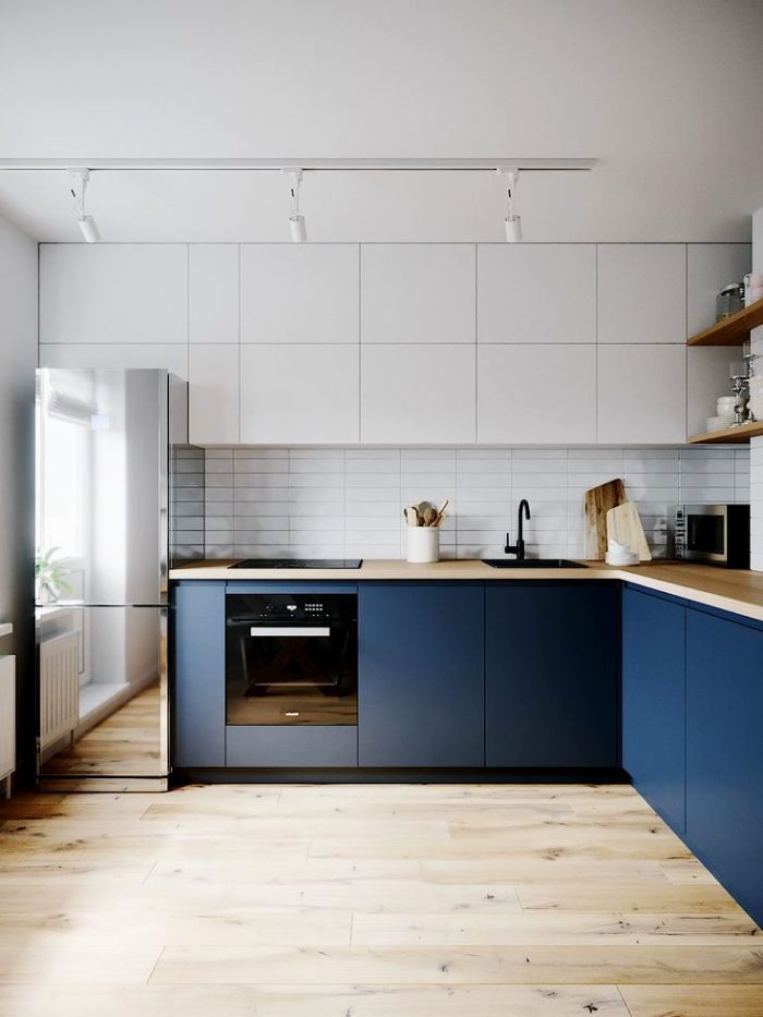 modern kitchen design with blue and white colors