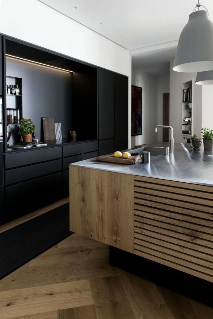 Modern kitchen design with wooden-slat furniture finishes