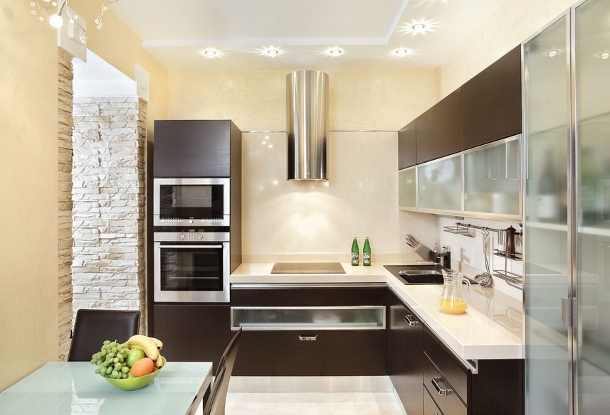 modern kitchen with glass cabinet fronts