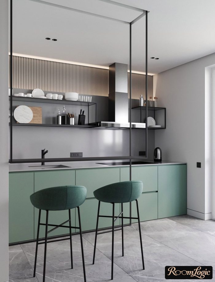 modern kitchen without upper cabinets with open shelves