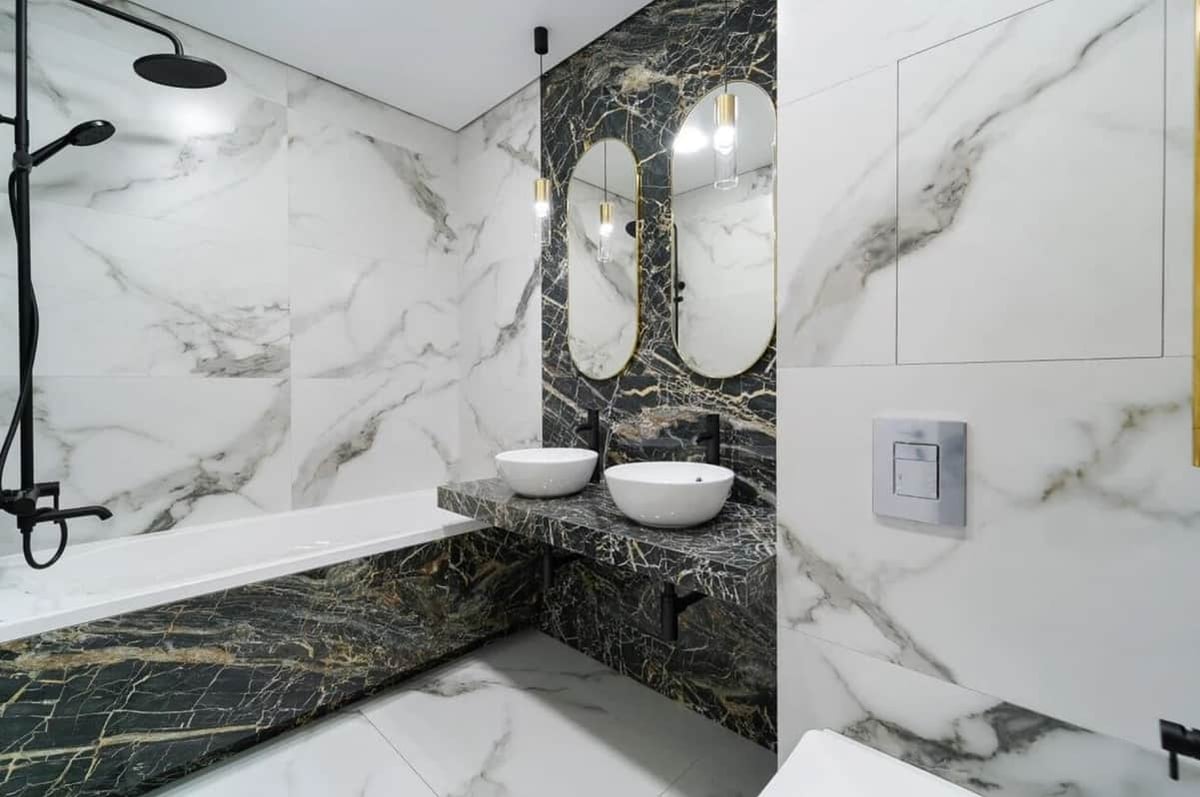 modern marble-look tile in bathroom