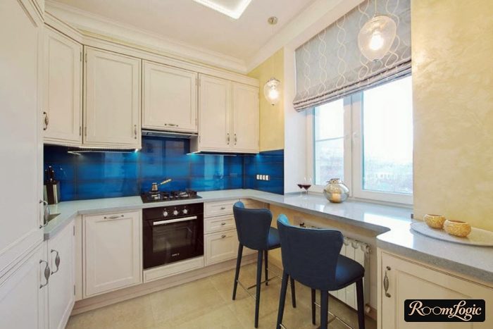modern roman short curtains in small white kitchen