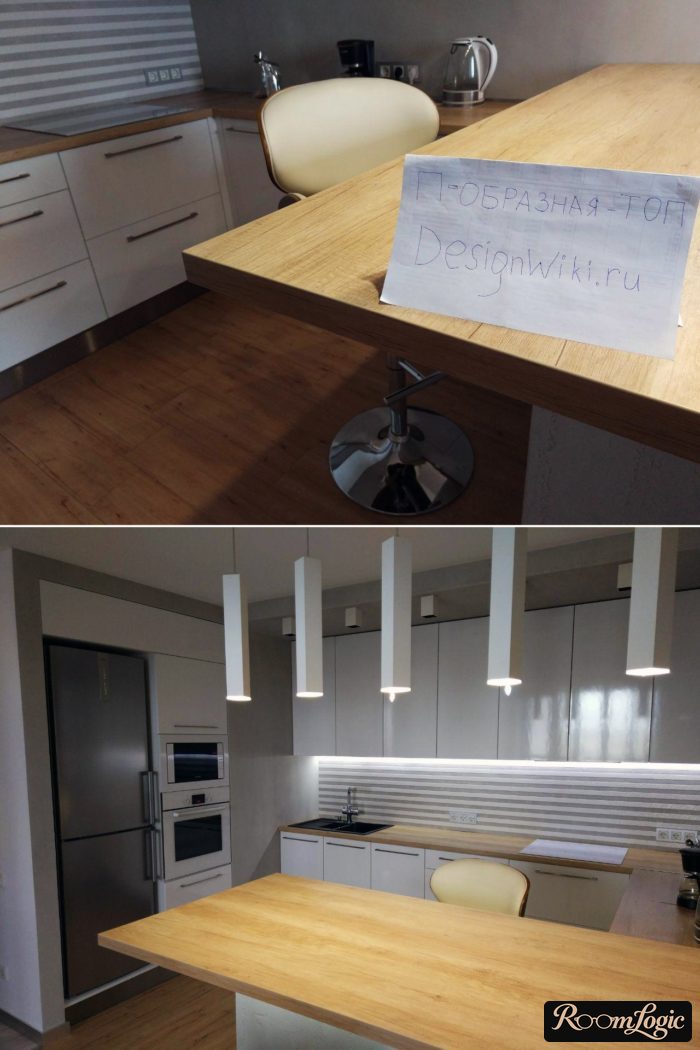 modern white U-shaped kitchen with breakfast bar
