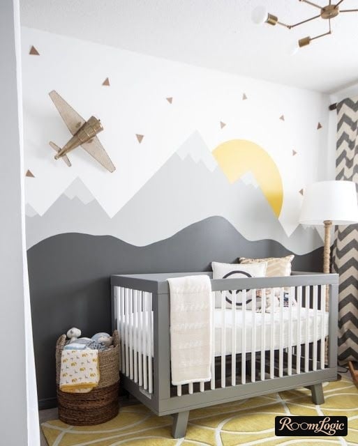 mountain wallpaper in a boy's room