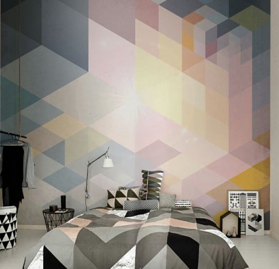 multicolored cubes on wallpaper in bedroom