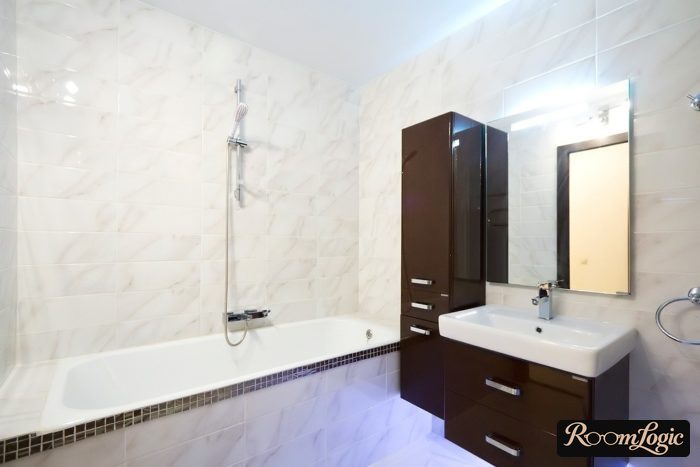 narrow closet in small bathroom