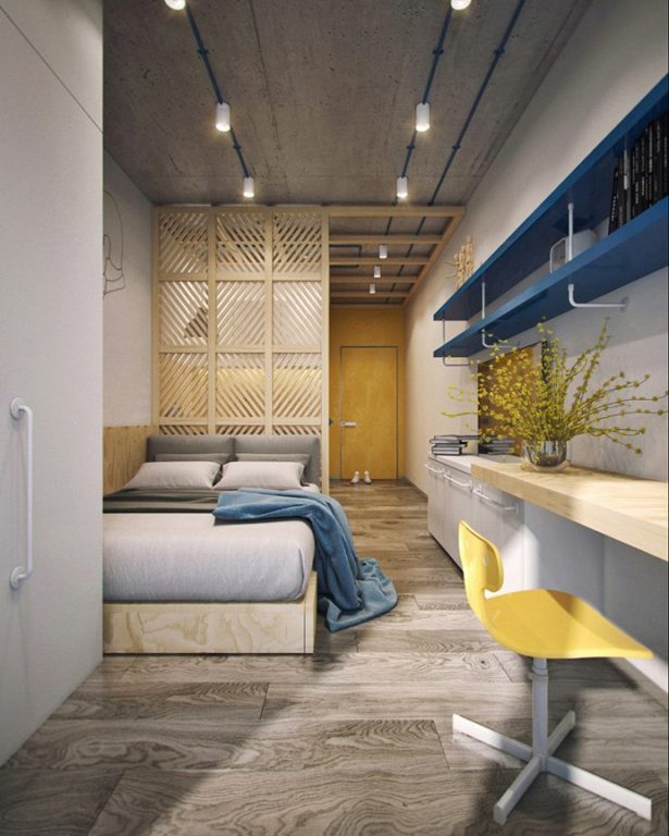 narrow loft-style studio apartment