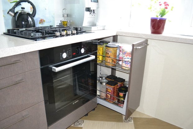 narrow pull-out drawer on the kitchen