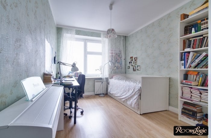 narrow teenager girl's room with piano