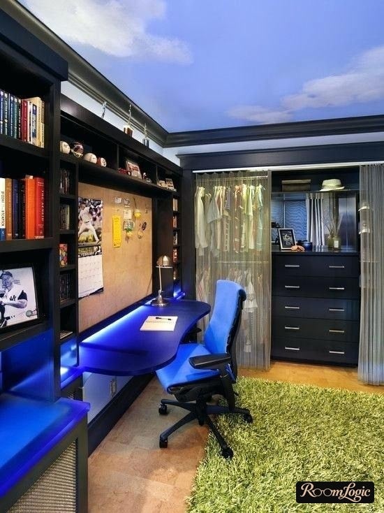 neon blue lighting in a boy's room 16 years old