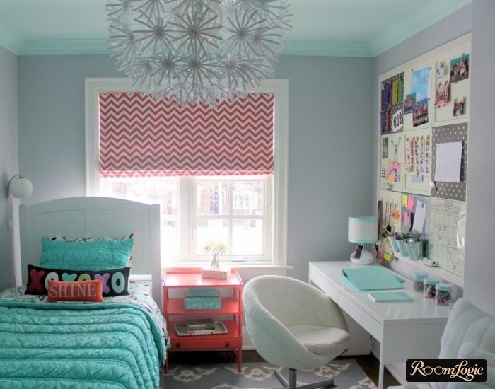 neutral decor and bright accessories in a girl's room