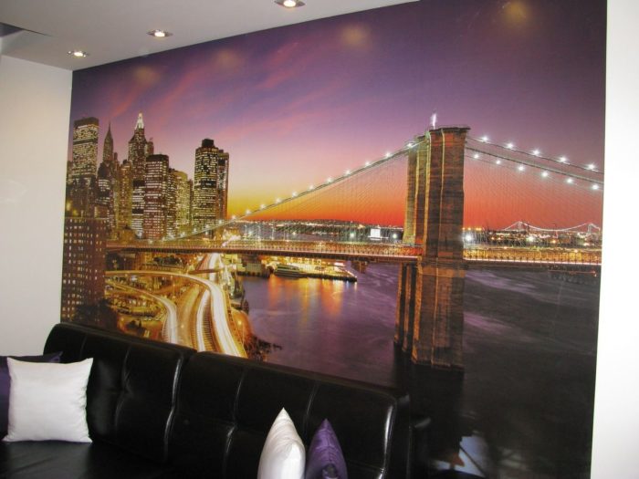 Night-landscape photo wallpaper in an interior