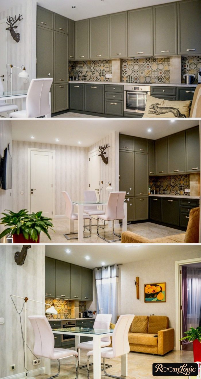 nonstandard design of a gray kitchen in neoclassical style