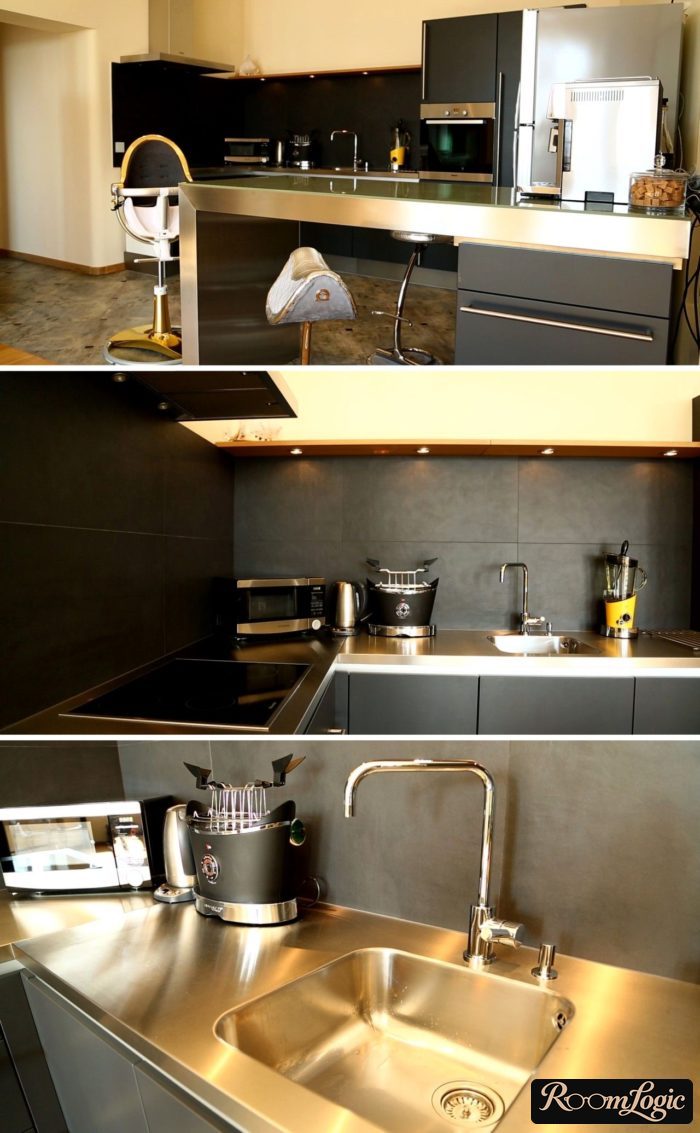nonstandard kitchen design with stainless steel countertop
