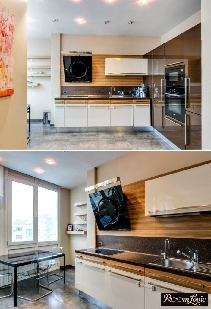 nonstandard kitchen interior with two-toned lower cabinets