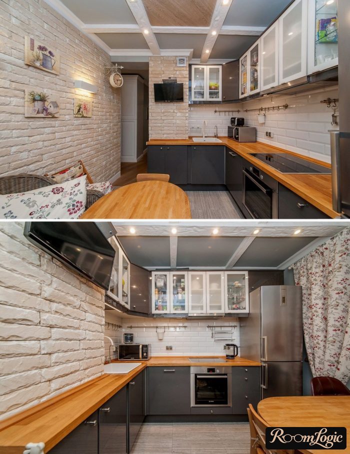 nonstandard solution for kitchen with dark gray cabinet fronts