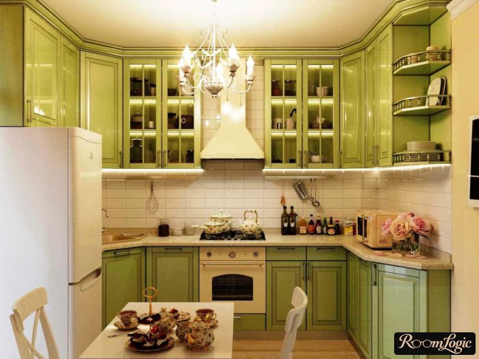 olive kitchen with transparent upper cabinets