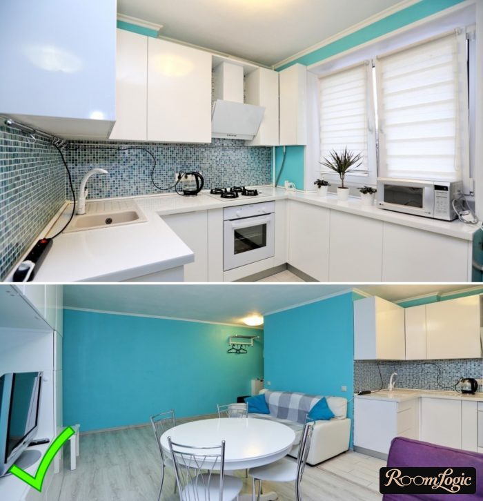 one-color light blue wallpaper for modern white glossy kitchen