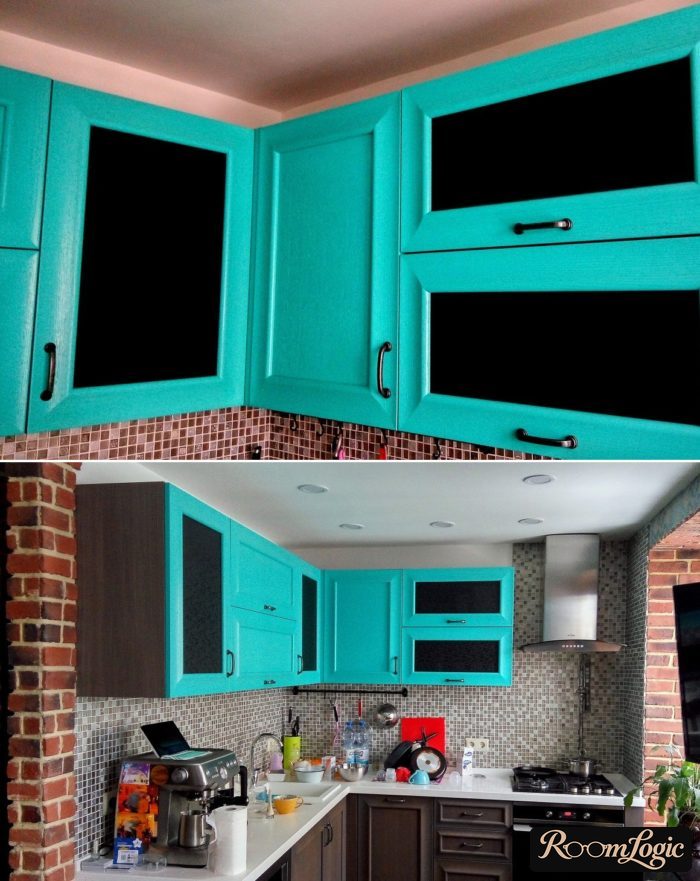 Opaque black inserts in light blue upper cabinet fronts for a small kitchen
