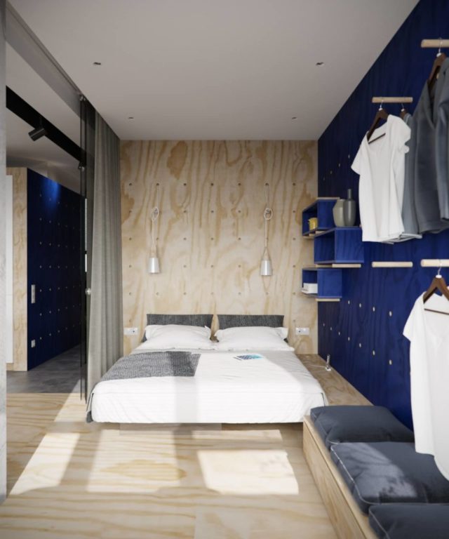 open shelves and hooks in a small bedroom design