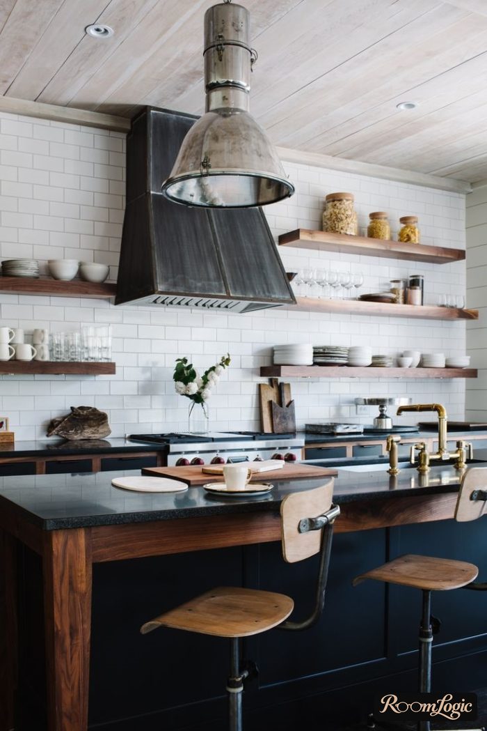 open shelves in the kitchen in a mix of scandi and loft styles