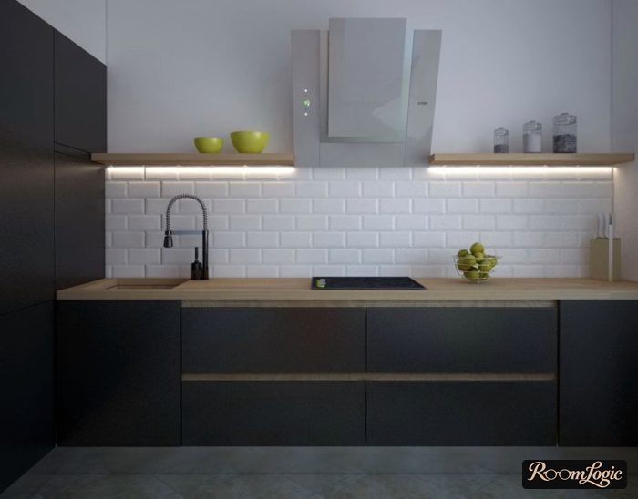 open shelves with backlight on the kitchen