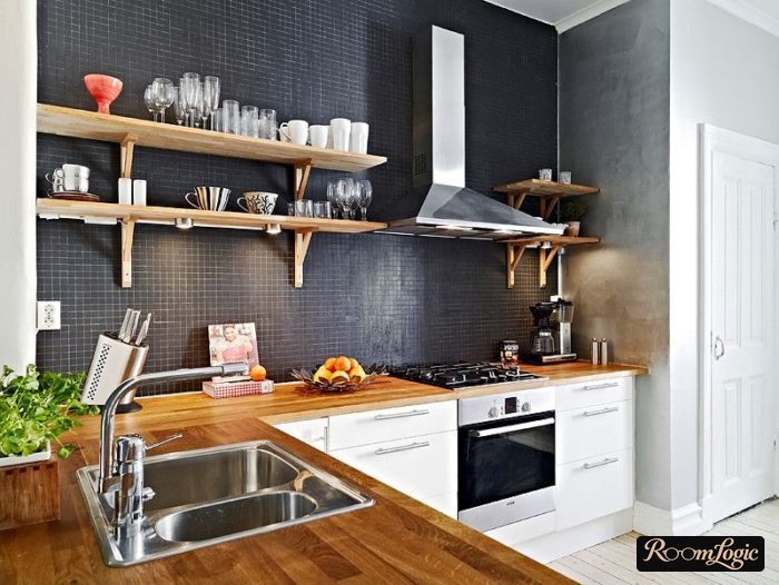 open wooden shelves instead of upper cabinets in the kitchen