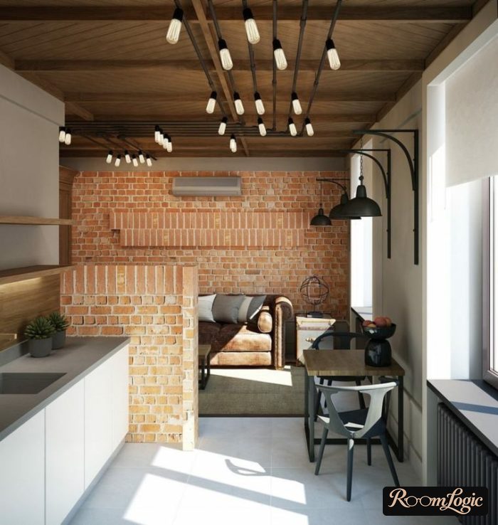 orange brick in the kitchen-living room