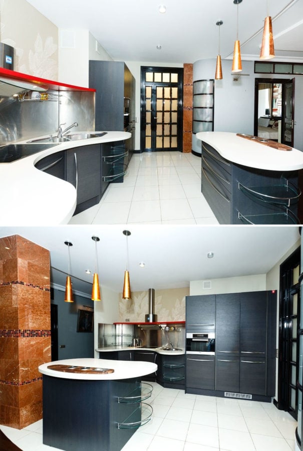 oval bar counter with lights above it