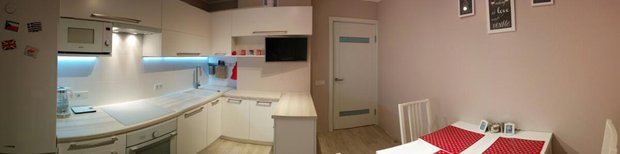 panorama of a corner kitchen with a corner cabinet