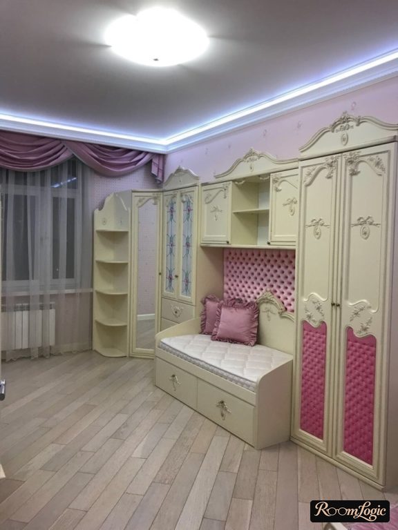 parquet and illuminated ceiling in room for two girls kids’ room design