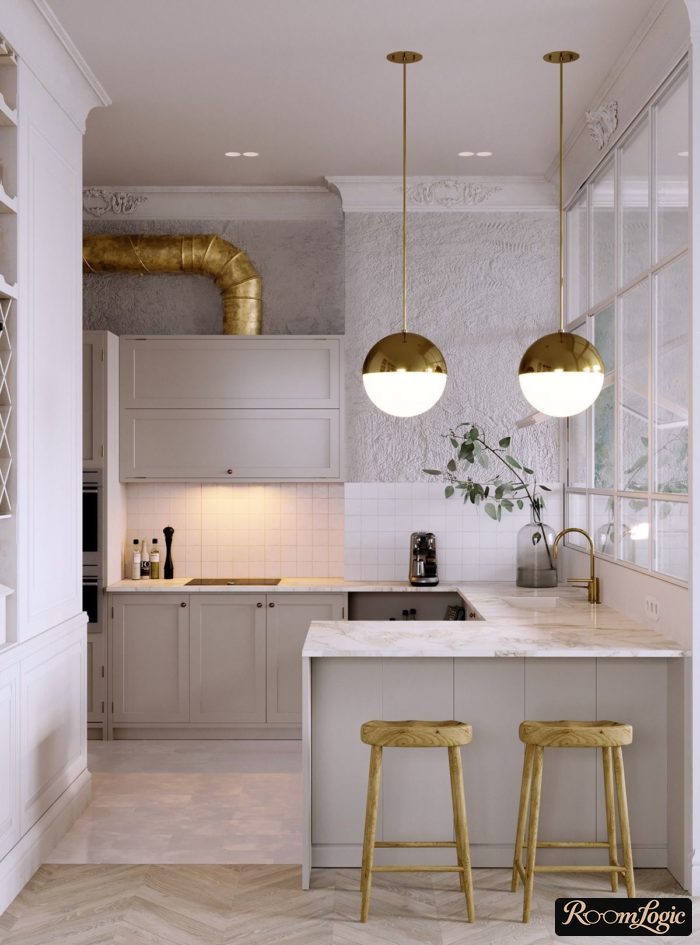 parquet and tile junction on kitchen floor in neoclassical style