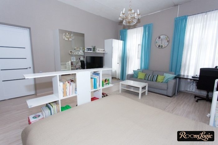 partition with shelves under the bed