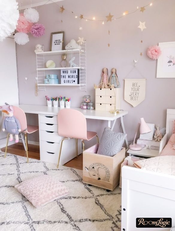 Pastel gray and pink Scandinavian style for two girls – design, kids' room design