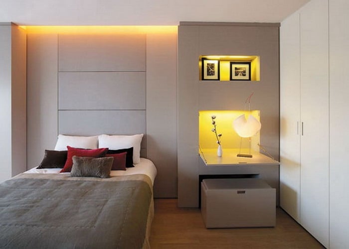 pastel gray-brown wall color in the bedroom