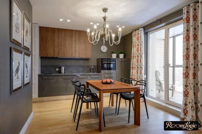 patterned curtains on the kitchen balcony door