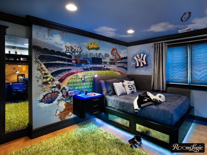 Photo wallpaper and lighting in the room of a 14 year old boy