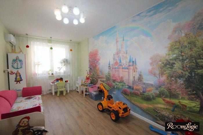 photo wallpaper with a fairy tale castle in a kids' room