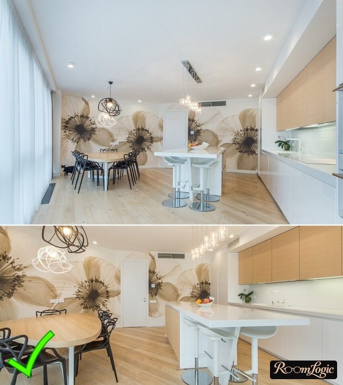 Photo wallpaper with large flowers in a modern kitchen interior