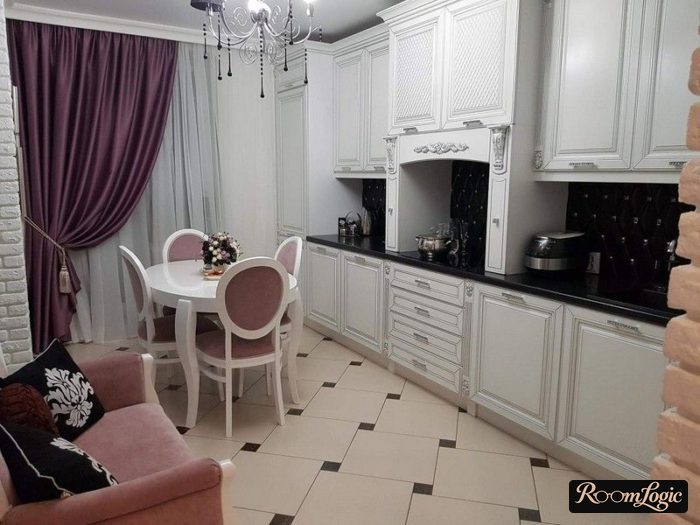 purple curtains in a classical kitchen interior