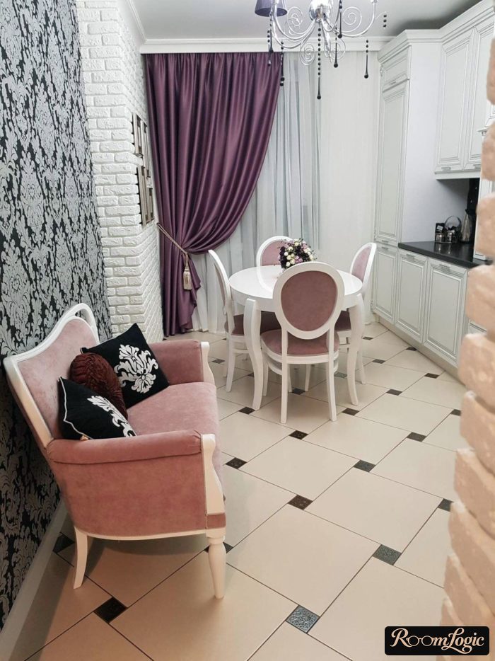 purple curtains on a white classical kitchen