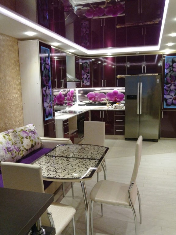 purple kitchen after renovation according to the project