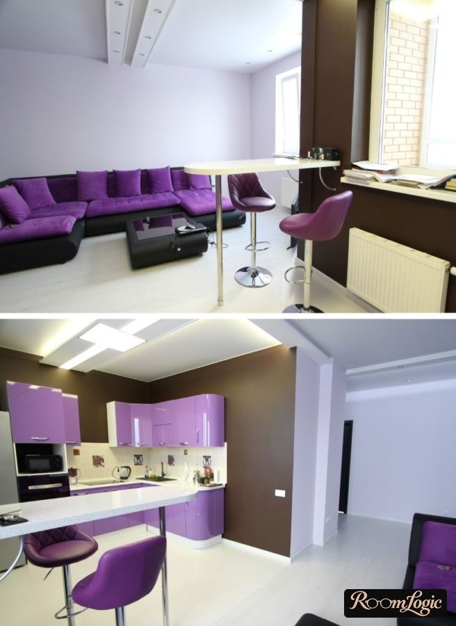purple kitchen with white breakfast bar